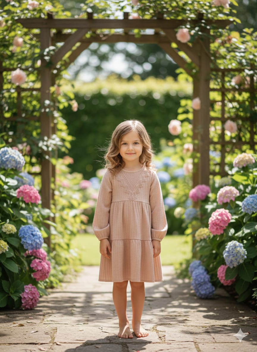 Girls' Dusty Rose Boho Tiered Dress with Detailed Crochet Bib