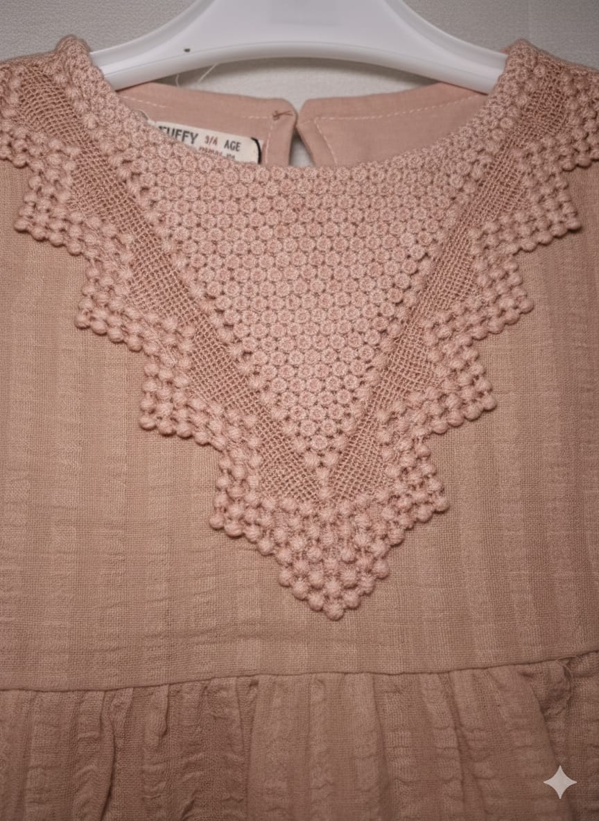 Girls' Dusty Rose Boho Tiered Dress with Detailed Crochet Bib