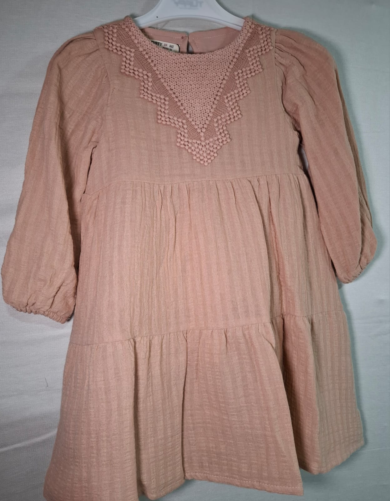 Girls' Dusty Rose Boho Tiered Dress with Detailed Crochet Bib