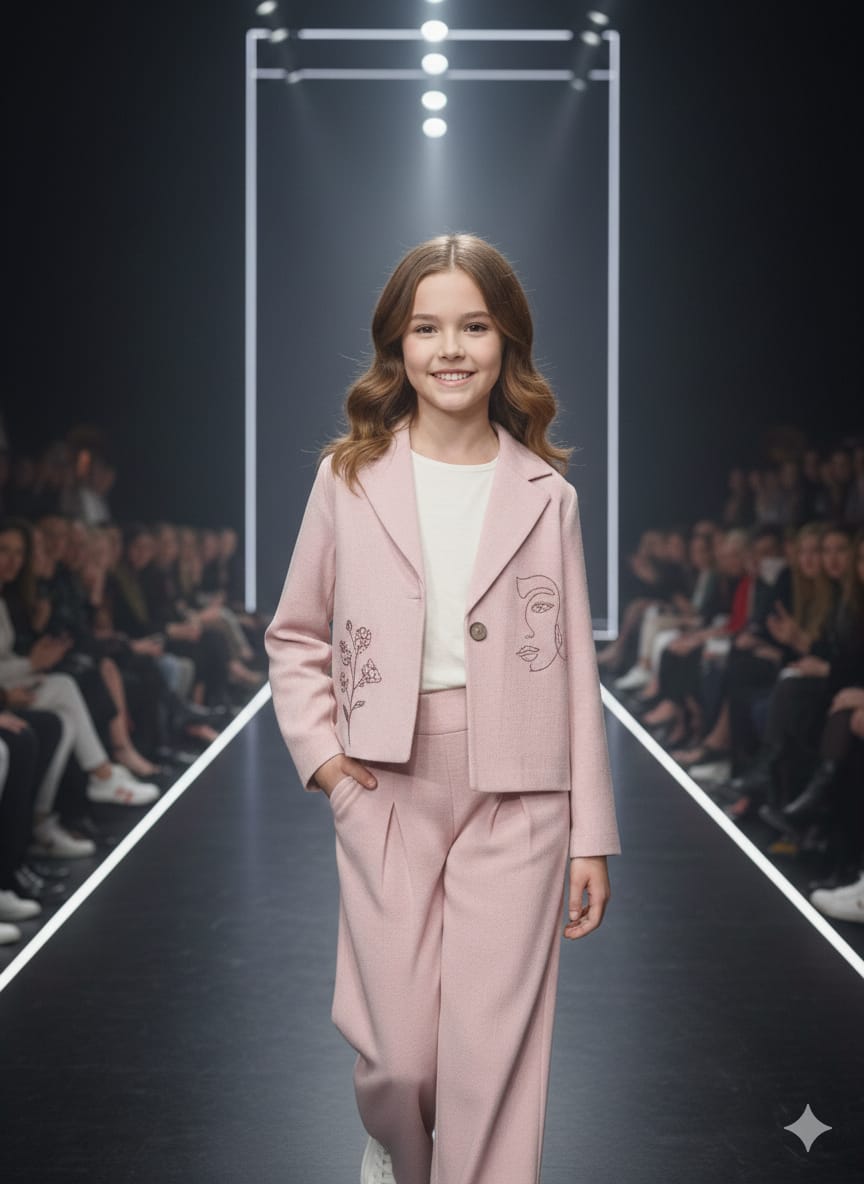 Girls' 3-Piece Chic Blazer Set – Dusty Pink with Minimalist Line Art