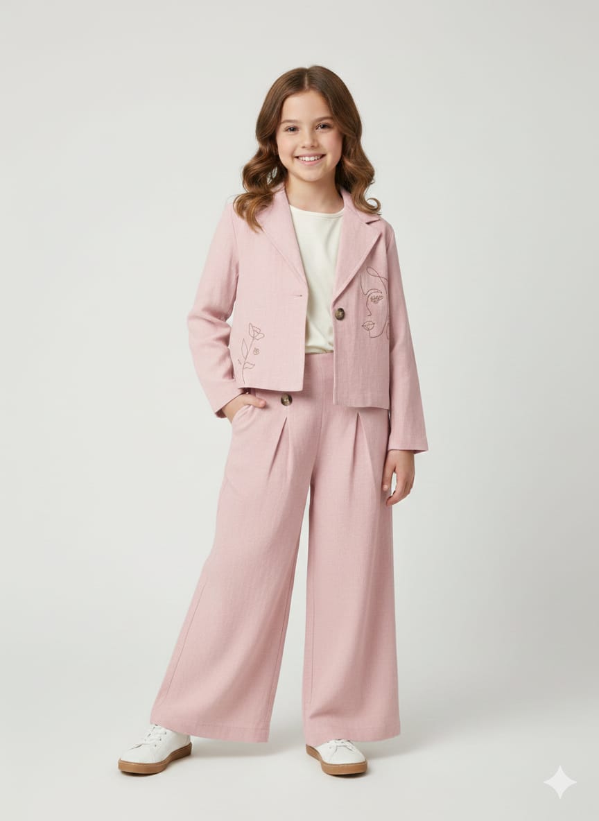 Girls' 3-Piece Chic Blazer Set – Dusty Pink with Minimalist Line Art