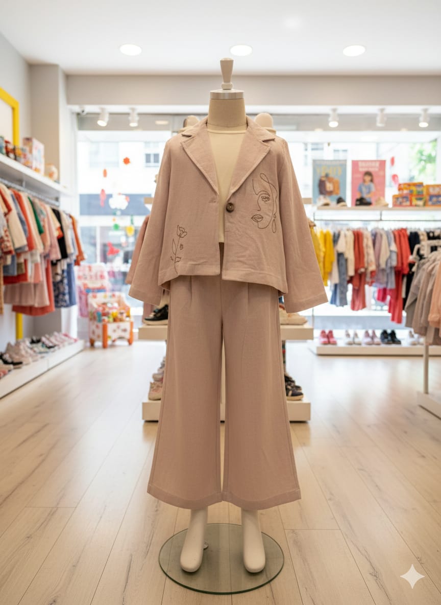 Girls' 3-Piece Chic Blazer Set – Dusty Pink with Minimalist Line Art