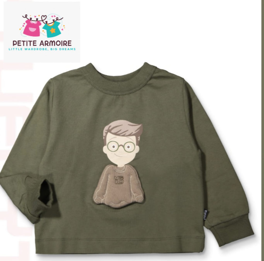 Little Genius: Olive Crewneck with Character Appliqué