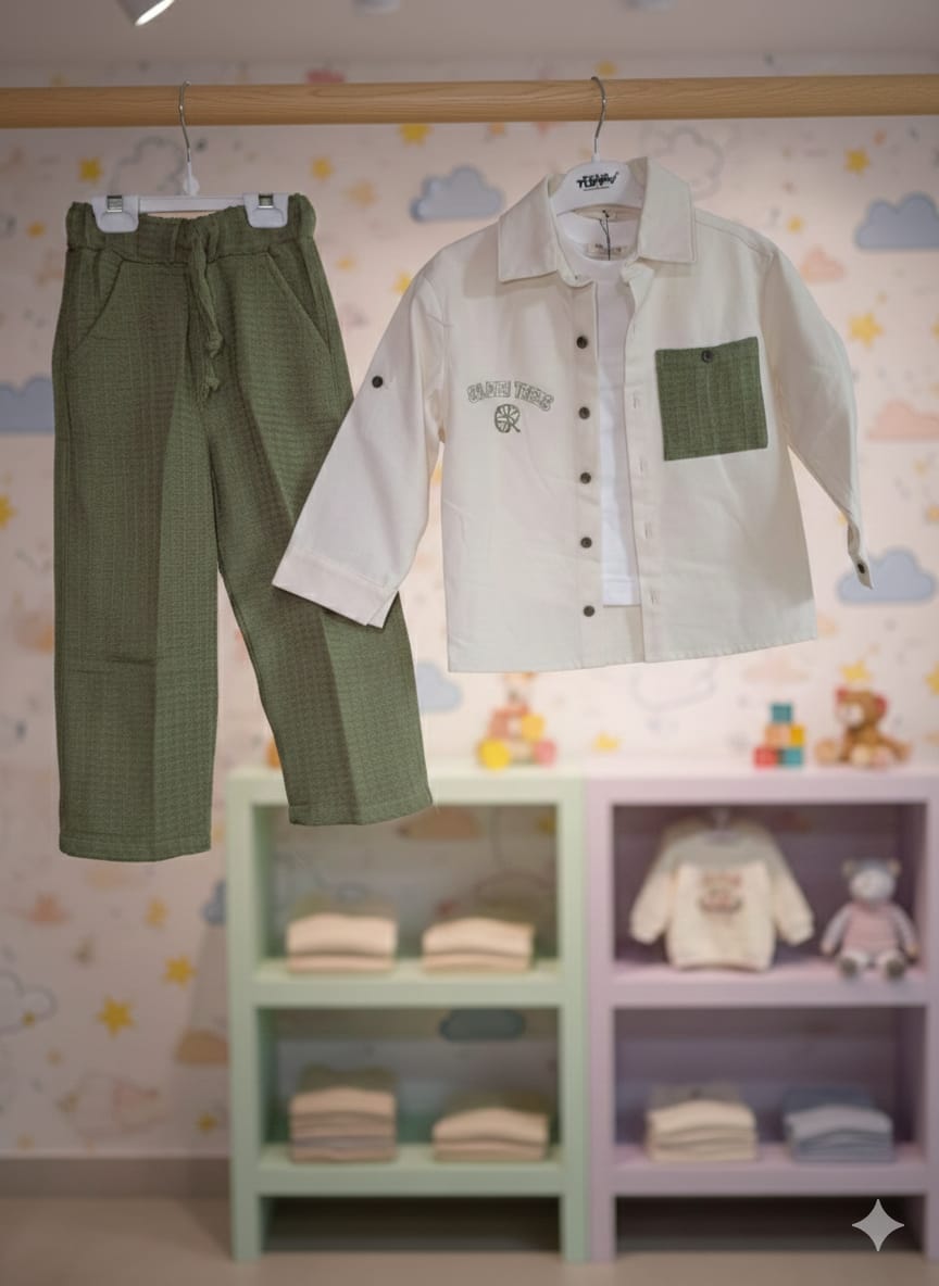 Boys' 3-Piece "Nature Scout" Set – Cream Shacket & Sage Green Utility Pants