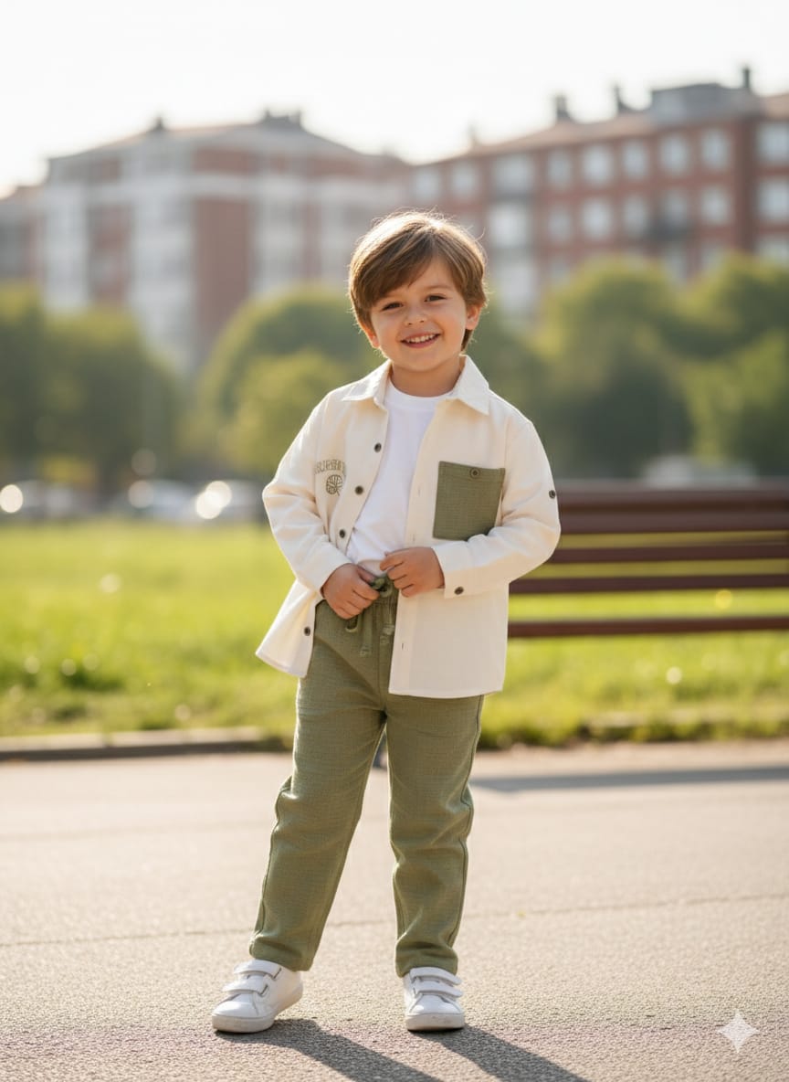Boys' 3-Piece "Nature Scout" Set – Cream Shacket & Sage Green Utility Pants