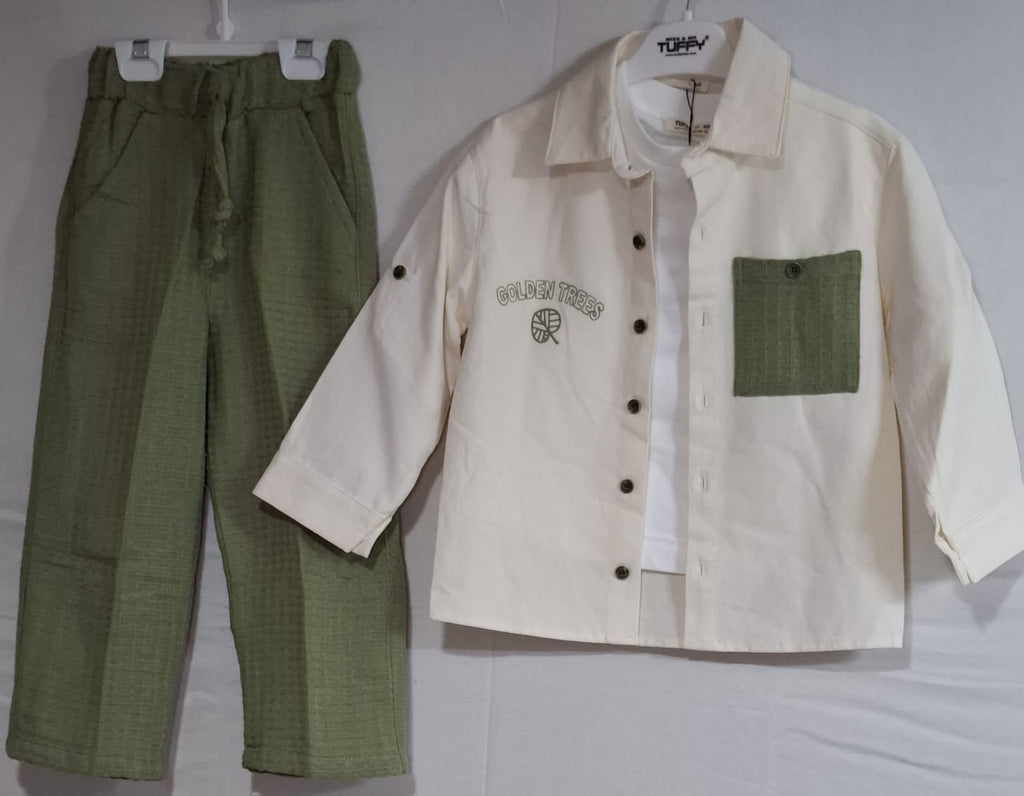 Boys' 3-Piece "Nature Scout" Set – Cream Shacket & Sage Green Utility Pants