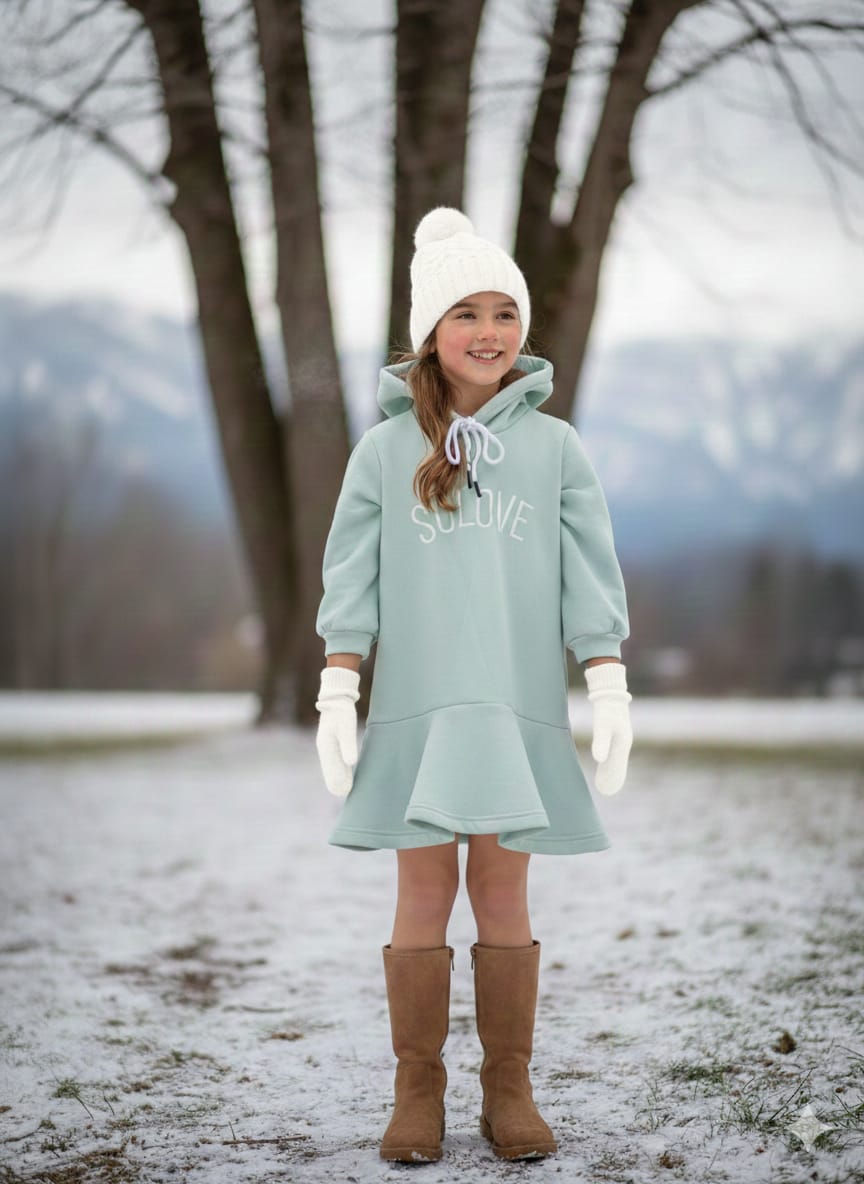 Girls' Mint Green "SOLOVE" Hooded Sweatshirt Dress with Ruffle Hem