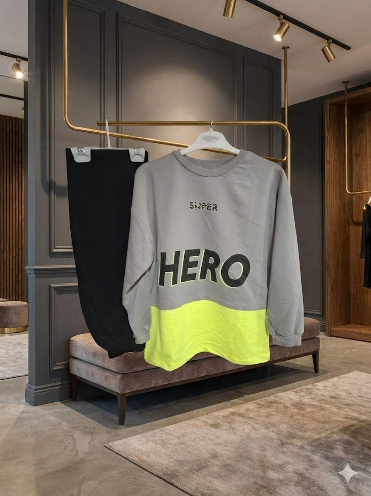 Boys' "SUPER HERO" Neon Color-Block Tracksuit Set – Grey & Electric Lime