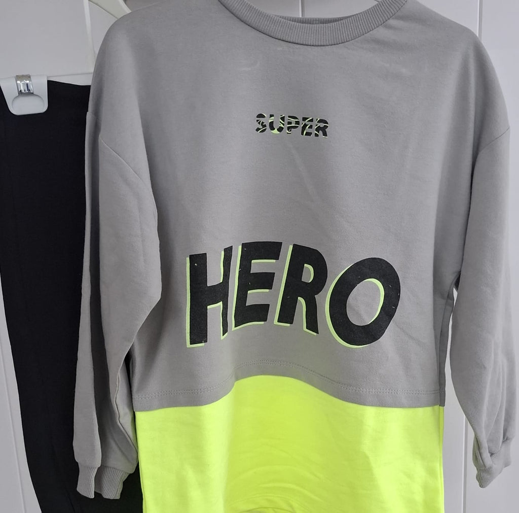 Boys' "SUPER HERO" Neon Color-Block Tracksuit Set – Grey & Electric Lime