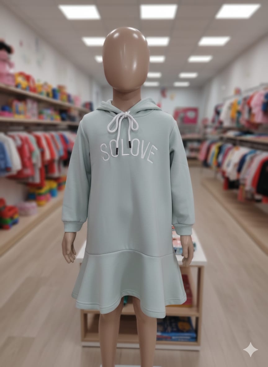 Girls' Mint Green "SOLOVE" Hooded Sweatshirt Dress with Ruffle Hem