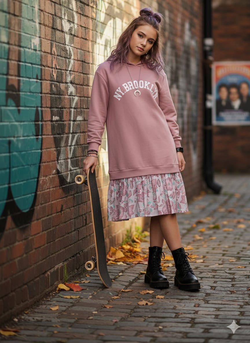 Girls' "NY.BROOKLYN" Mixed-Media Hooded Dress – Mauve & Floral