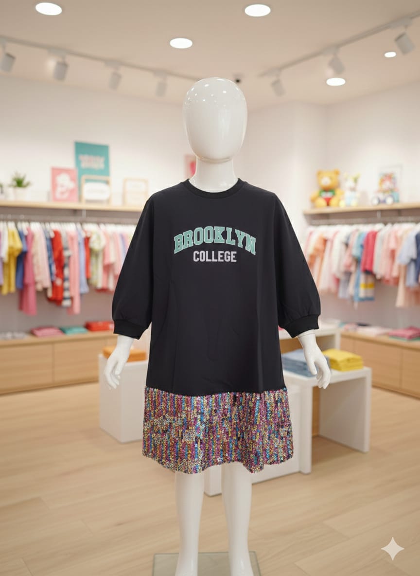 Girls' "BROOKLYN COLLEGE" Graphic Dress with Sparkle Sequin Hem