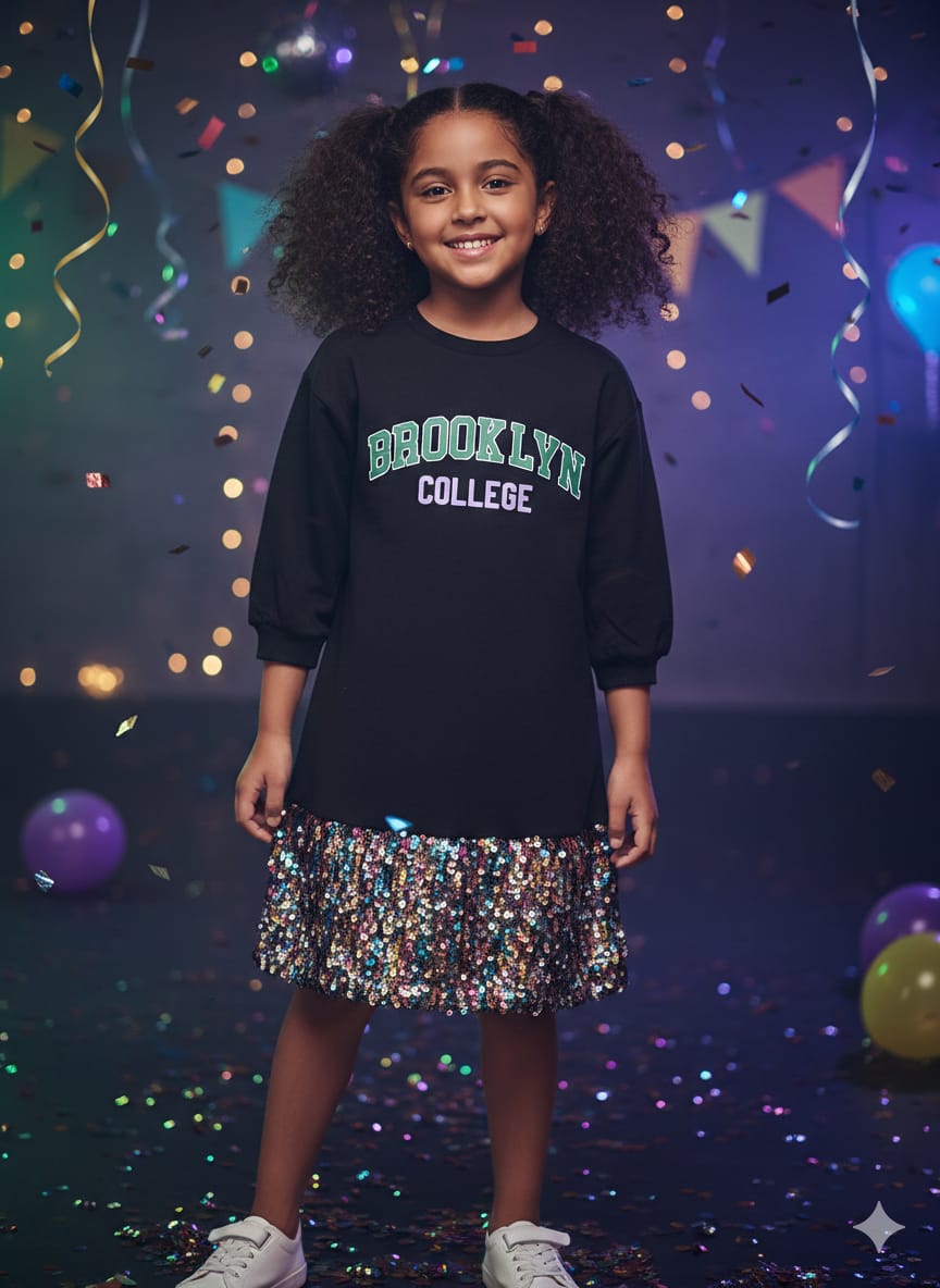 Girls' "BROOKLYN COLLEGE" Graphic Dress with Sparkle Sequin Hem