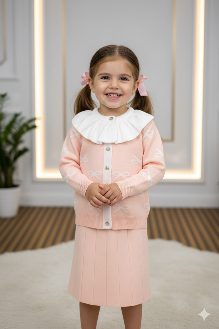 The Bow-Knit Cardigan & Pleated Skirt Set: Timeless Charm