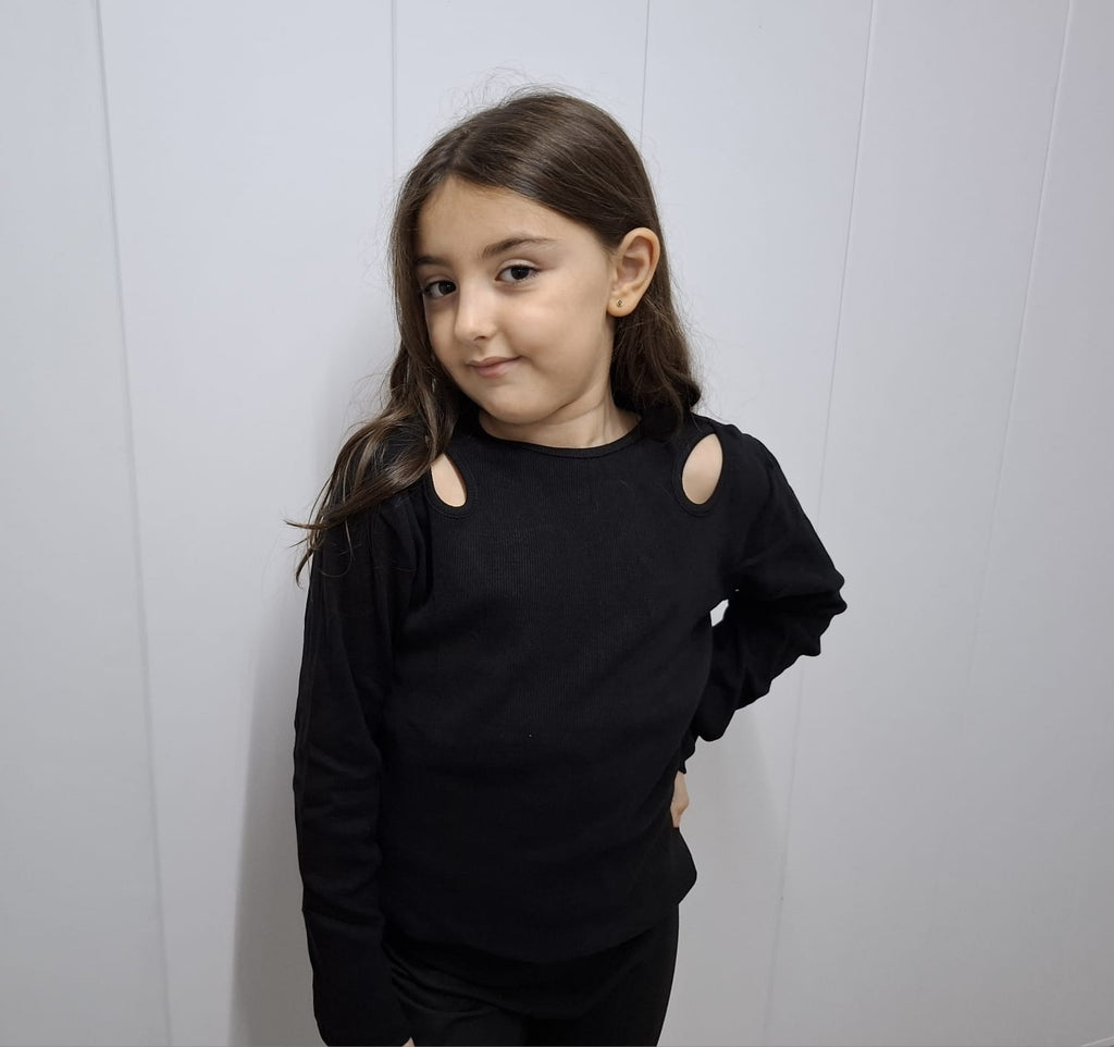 Modern Edge: Black Ribbed Top with Shoulder Cut-Outs