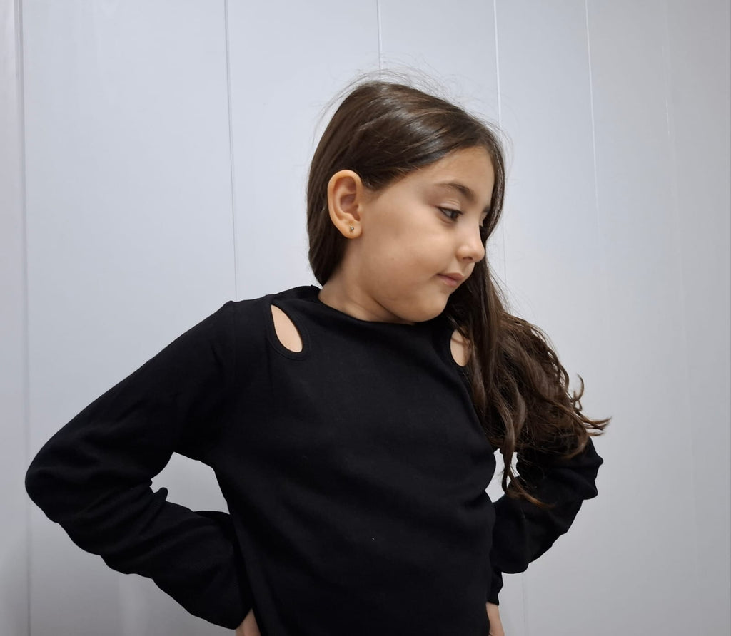 Modern Edge: Black Ribbed Top with Shoulder Cut-Outs