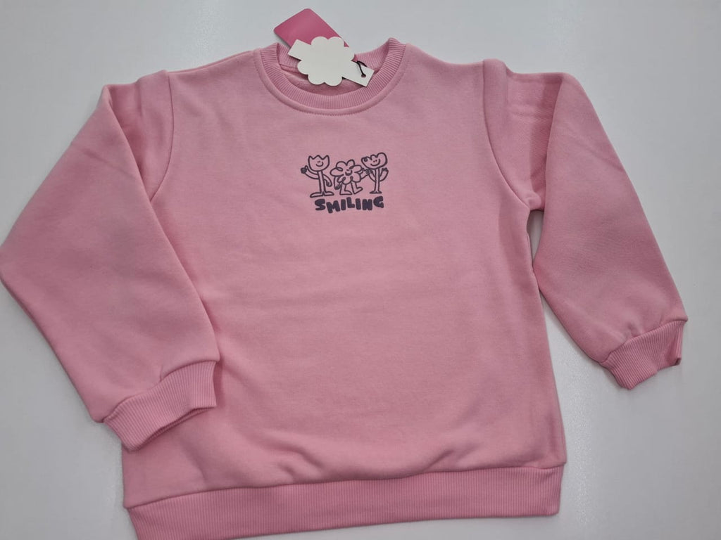 Whisper the Beauty: Pink Sweatshirt with Smiling Flowers Graphic