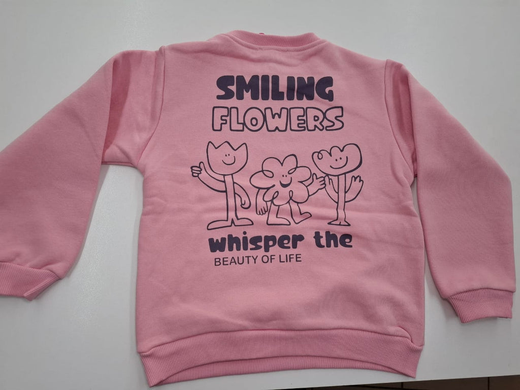 Whisper the Beauty: Pink Sweatshirt with Smiling Flowers Graphic