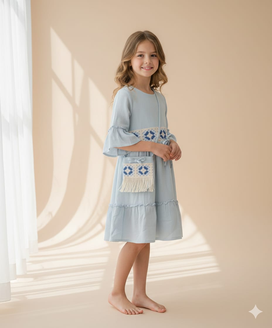 Sky Blue Boho Ruffle Dress with Embroidered Waistband