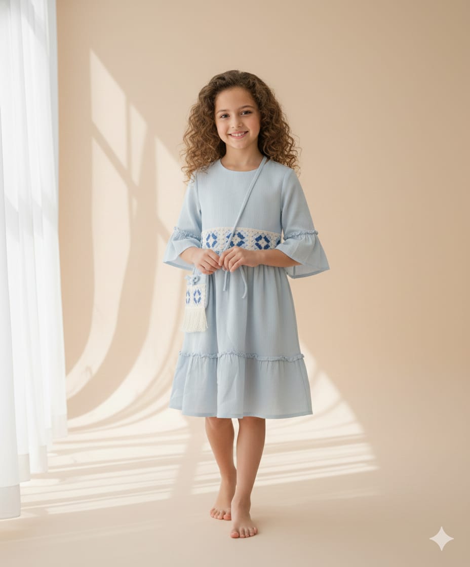 Sky Blue Boho Ruffle Dress with Embroidered Waistband