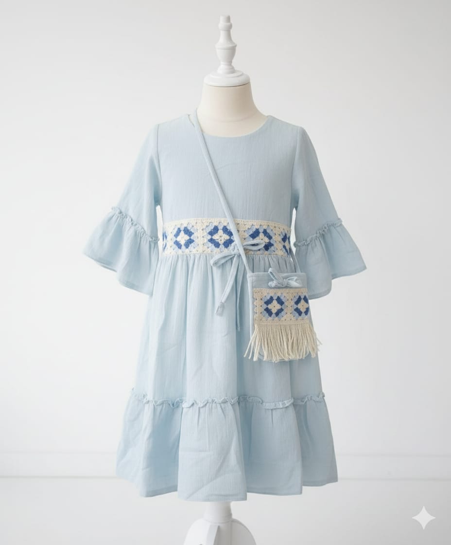 Sky Blue Boho Ruffle Dress with Embroidered Waistband