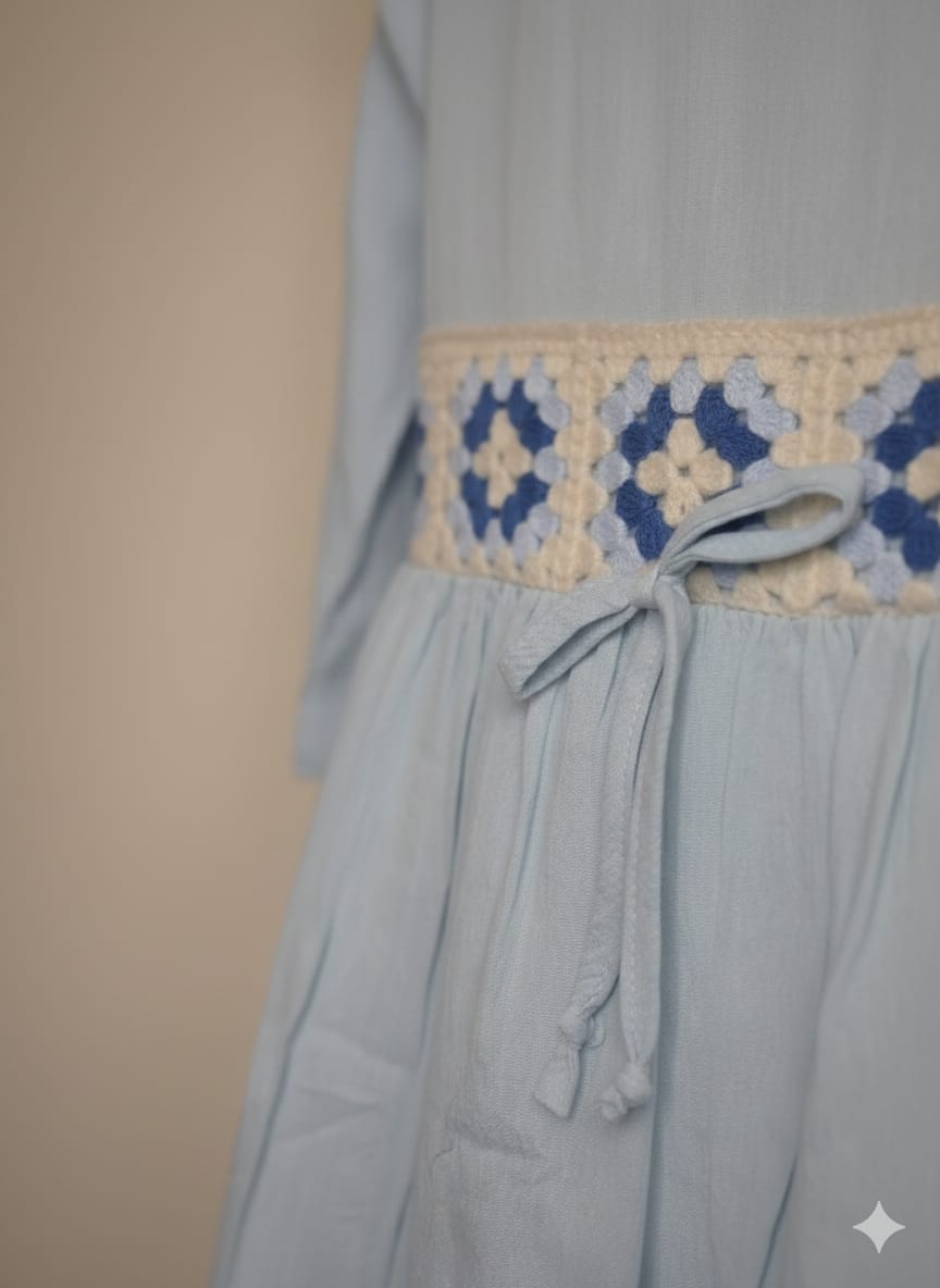 Sky Blue Boho Ruffle Dress with Embroidered Waistband