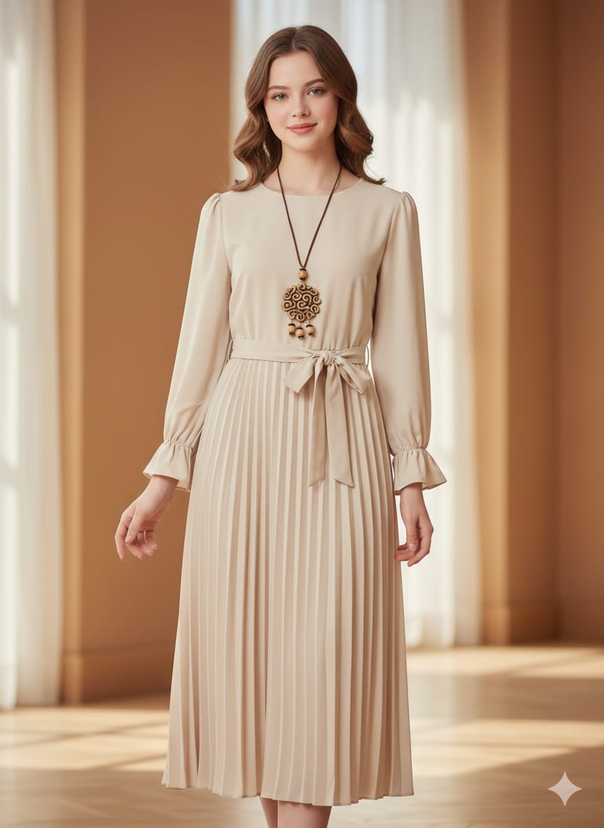 Pleated Perfection: The Long Sleeve Midi Dress in Stone
