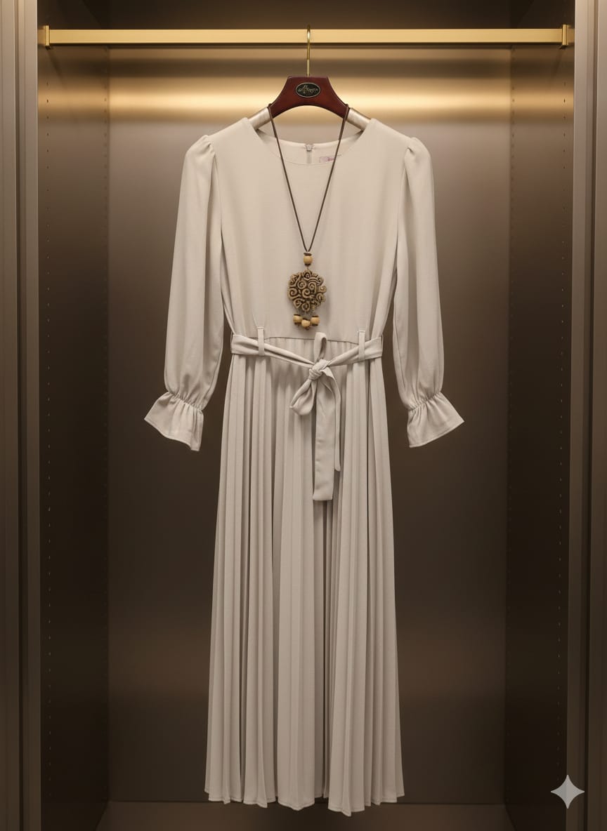 Pleated Perfection: The Long Sleeve Midi Dress in Stone