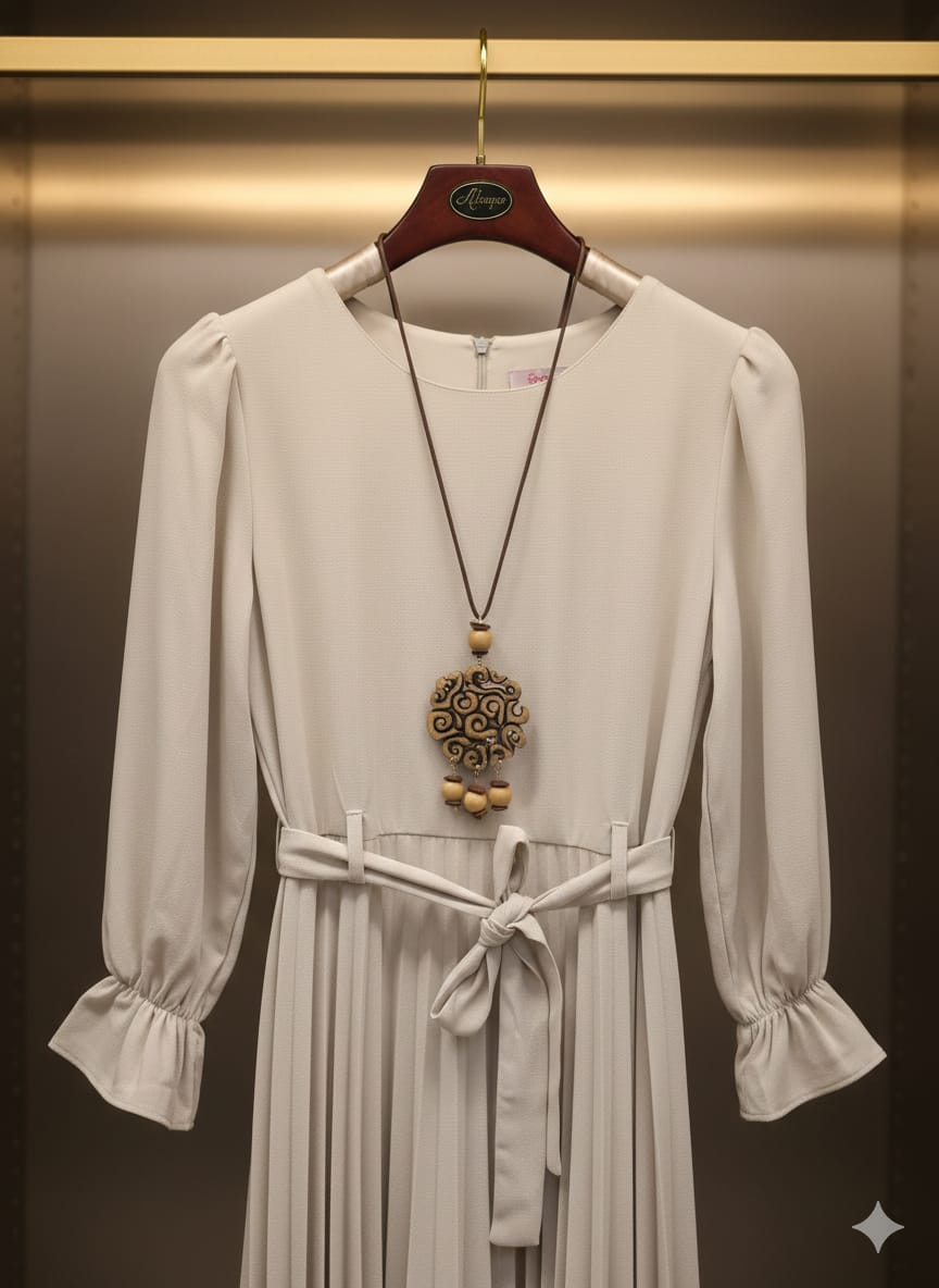 Pleated Perfection: The Long Sleeve Midi Dress in Stone