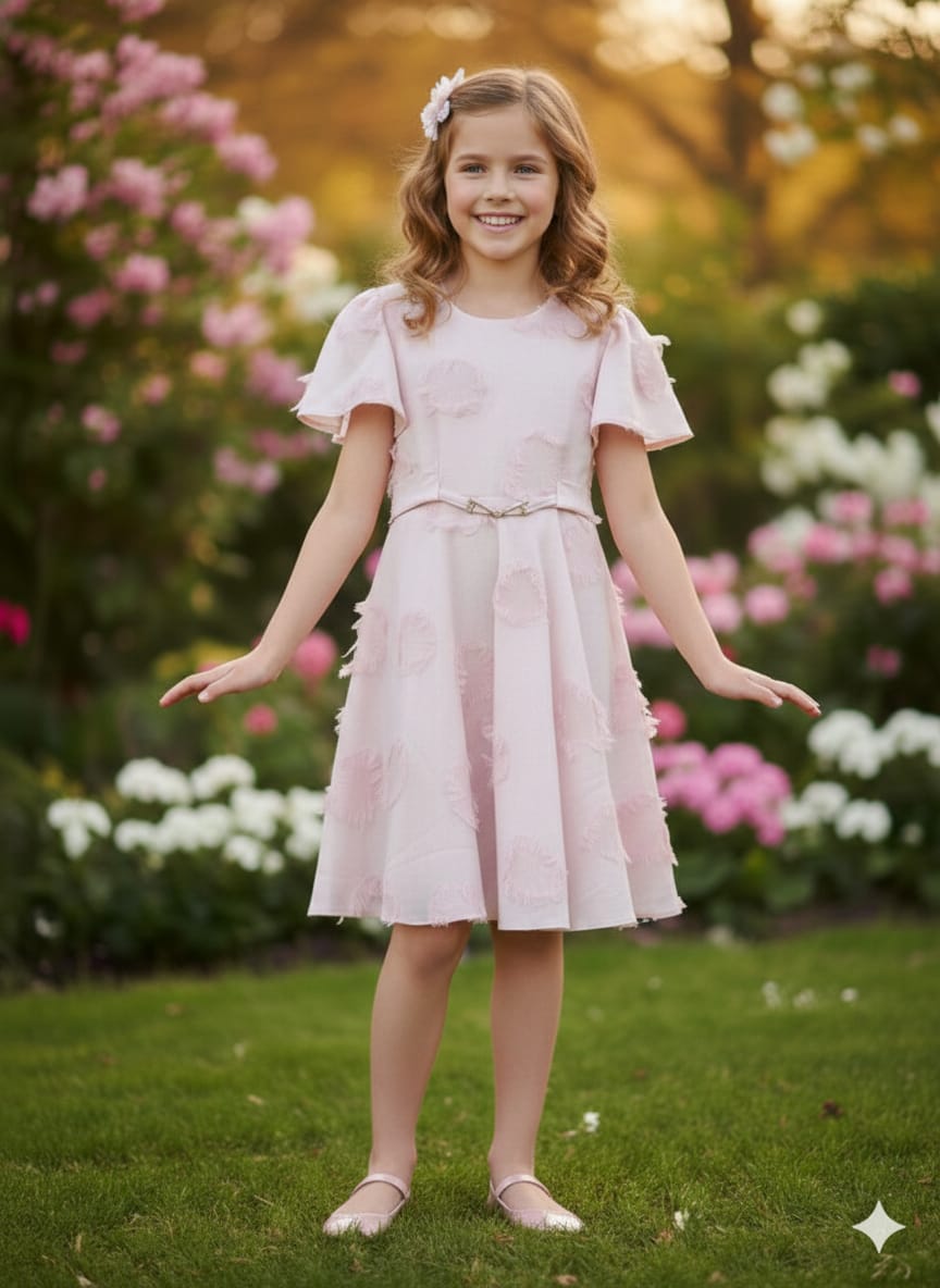 Enchanted Rose: Girls' Pink 3D Floral Appliqué Dress