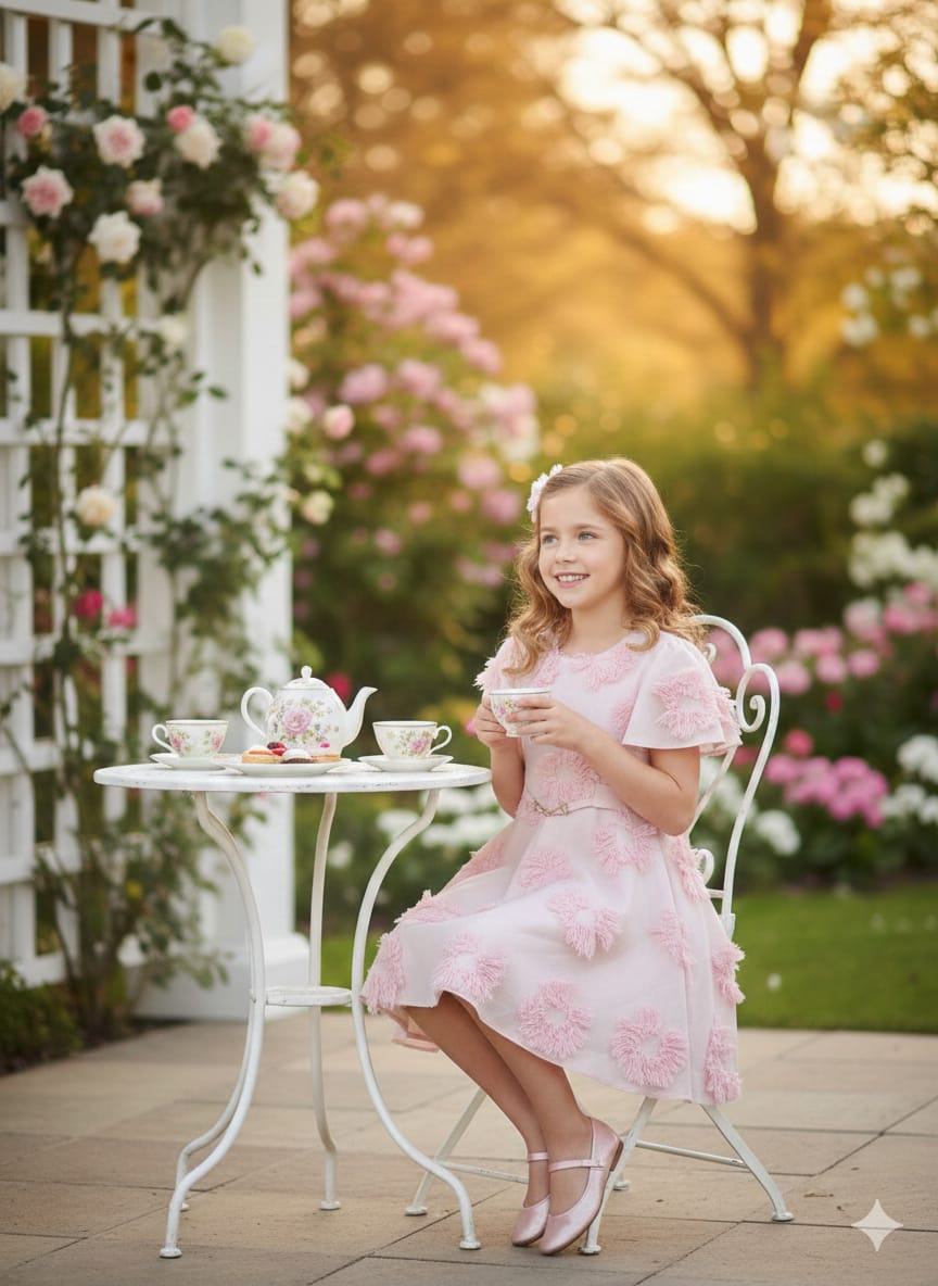 Enchanted Rose: Girls' Pink 3D Floral Appliqué Dress