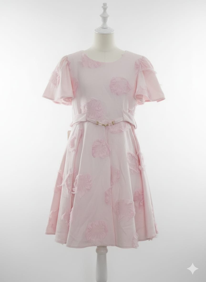 Enchanted Rose: Girls' Pink 3D Floral Appliqué Dress