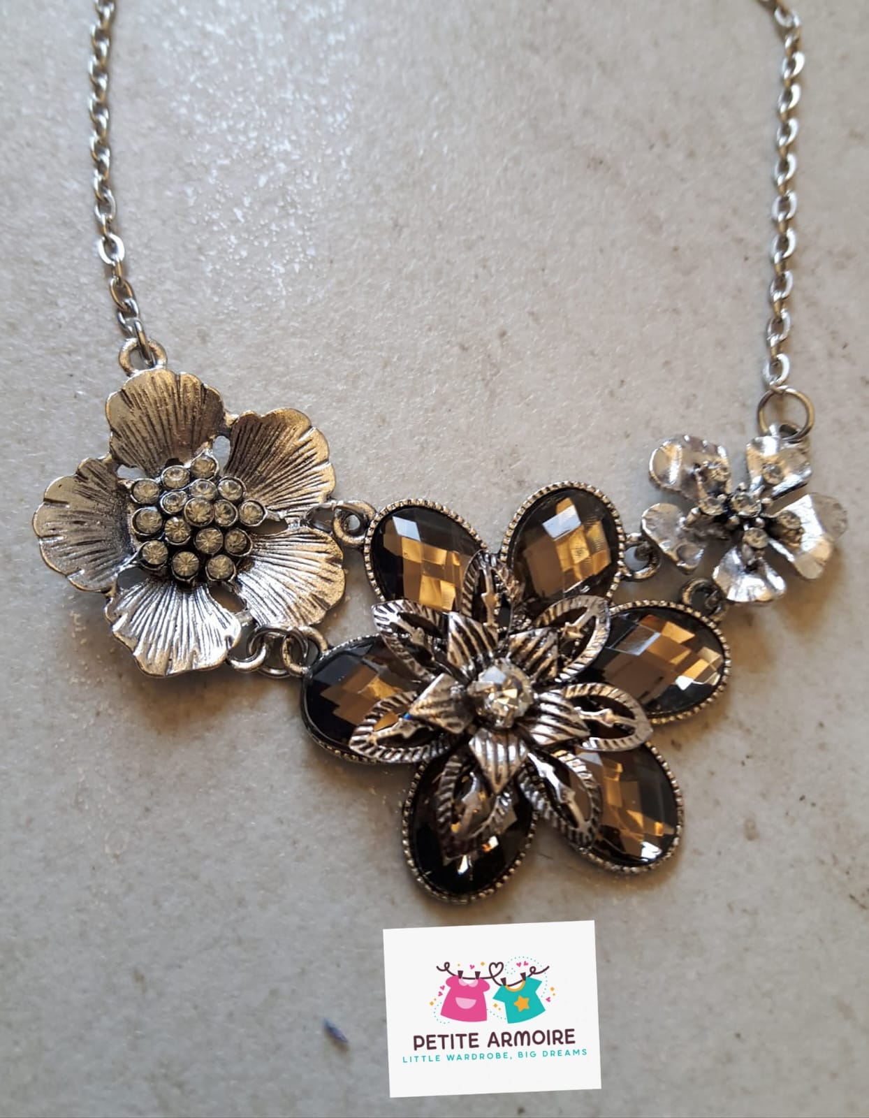 Midnight Blossom: Ornate Silver Floral Statement Necklace