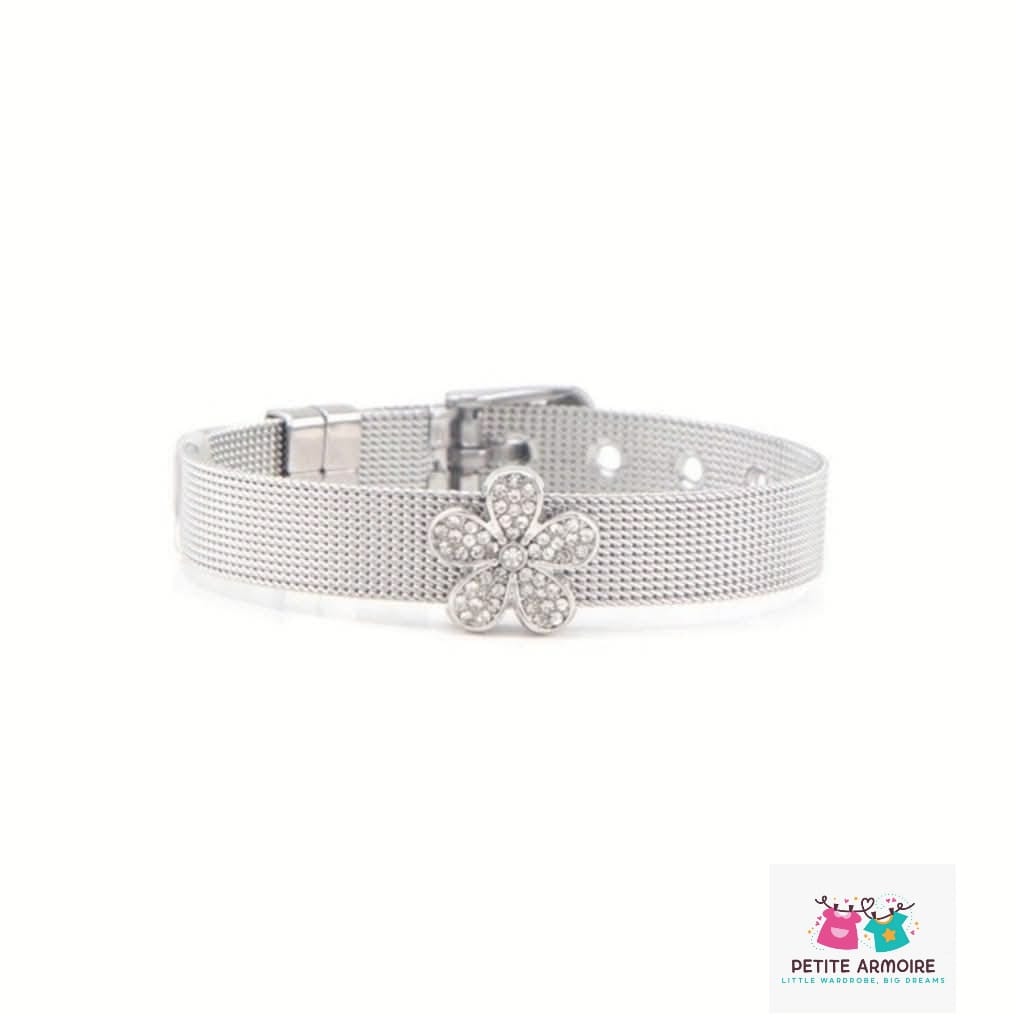 Silver Mesh Belt Bracelet with Crystal Pavé Flower