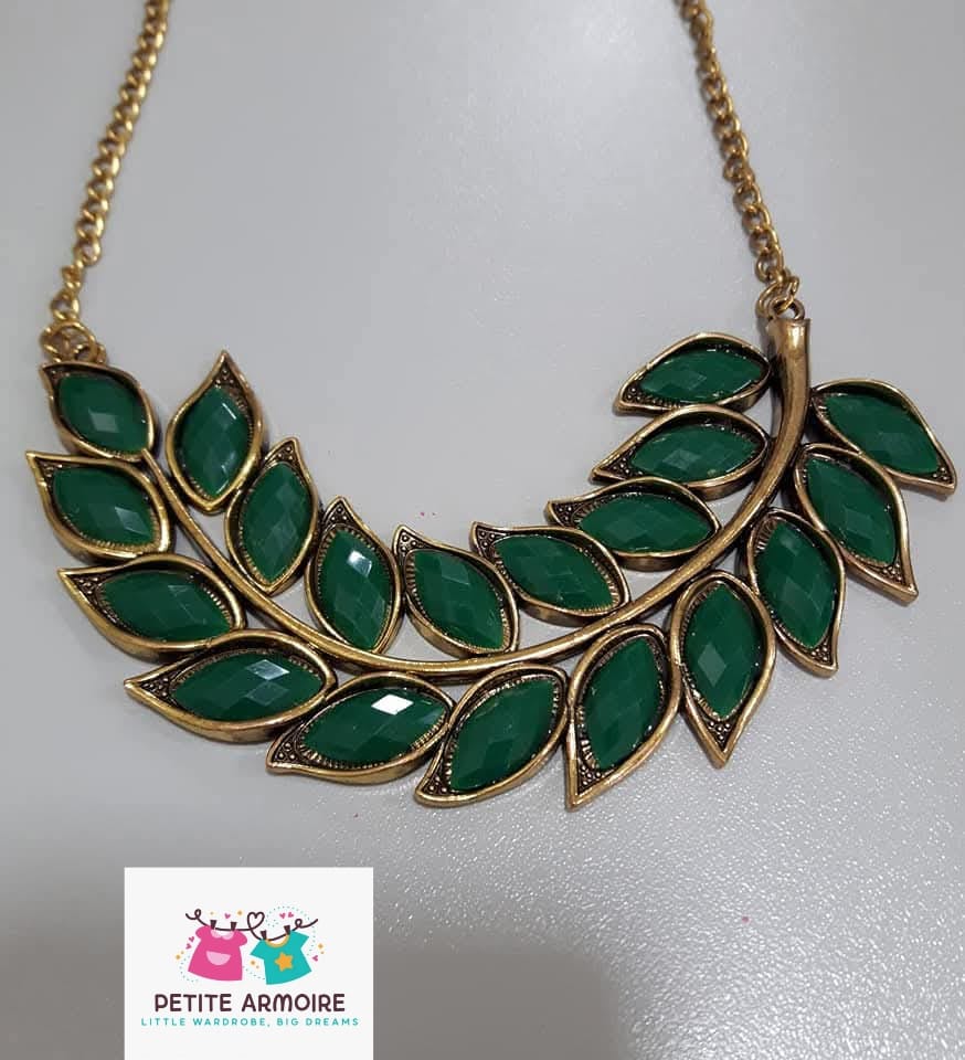 Emerald Leaf Statement Necklace - Gold Tone Bohemian Collar
