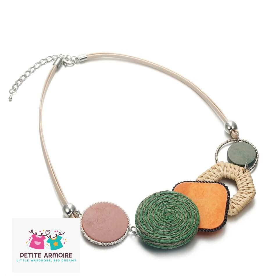 Colorful Boho Disc Statement Necklace - Woven Raffia & Wood Collar