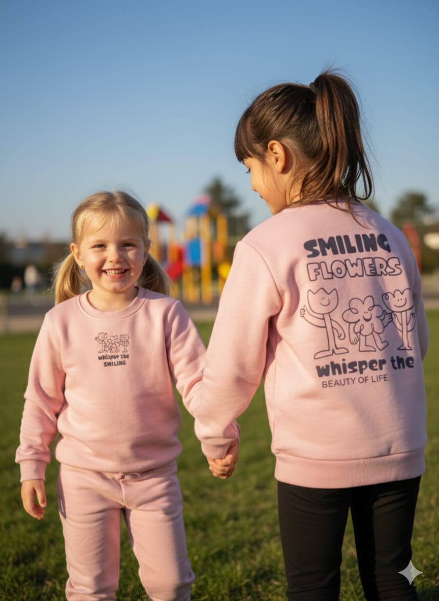 Whisper the Beauty: Pink Sweatshirt with Smiling Flowers Graphic