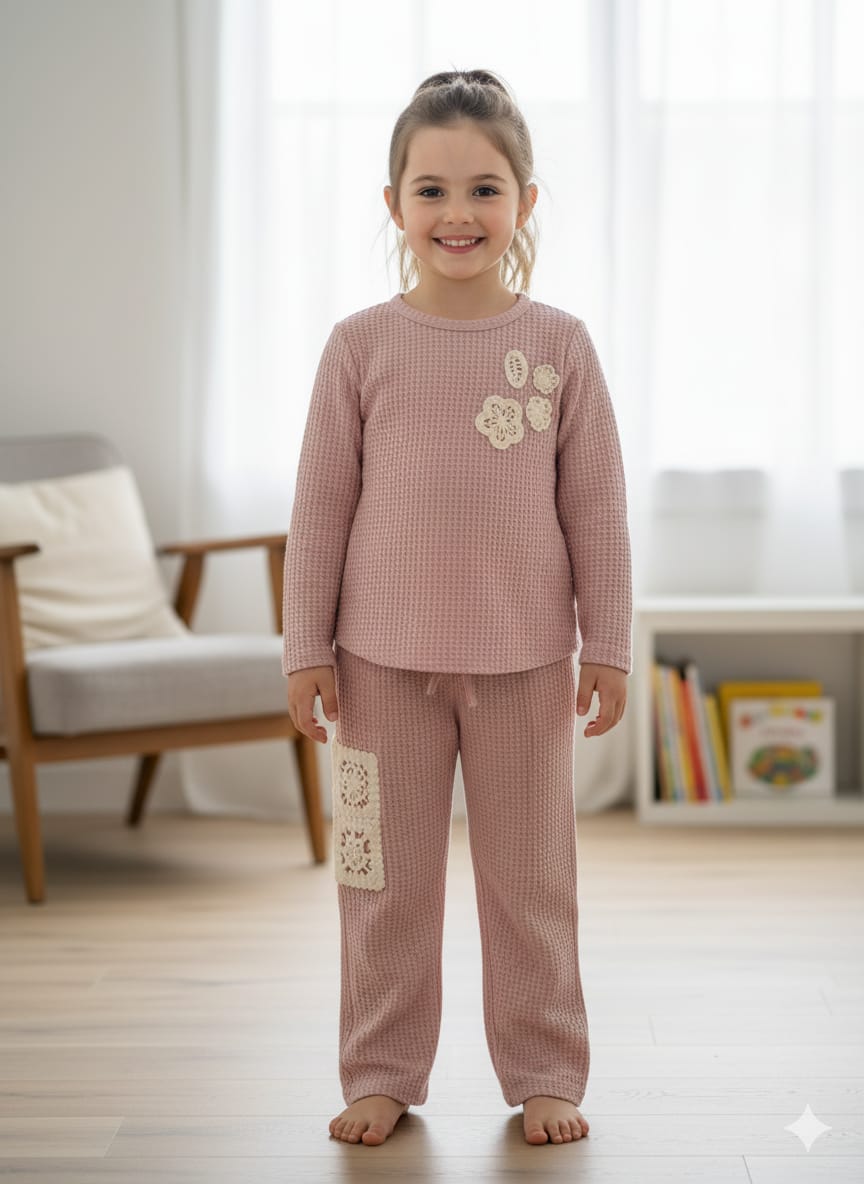 Delicate Texture: Waffle Knit Tracksuit with Crochet Flowers