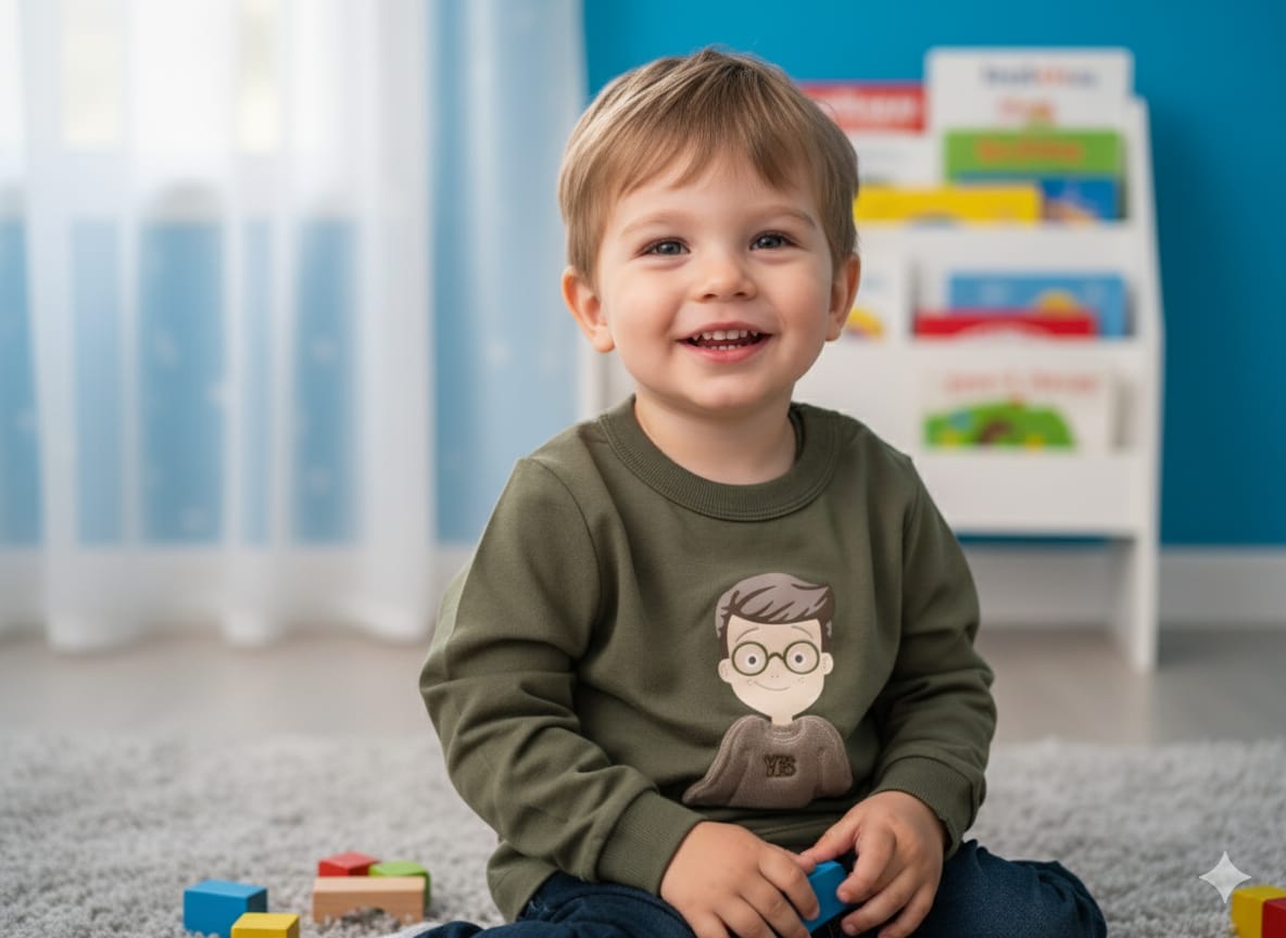 Little Genius: Olive Crewneck with Character Appliqué